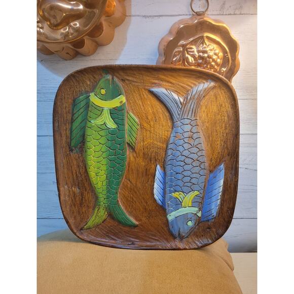 Carved Teak? Wood Tray Fish Wall Haitian Art Marked "The Red Carpet" - Picture 4 of 8